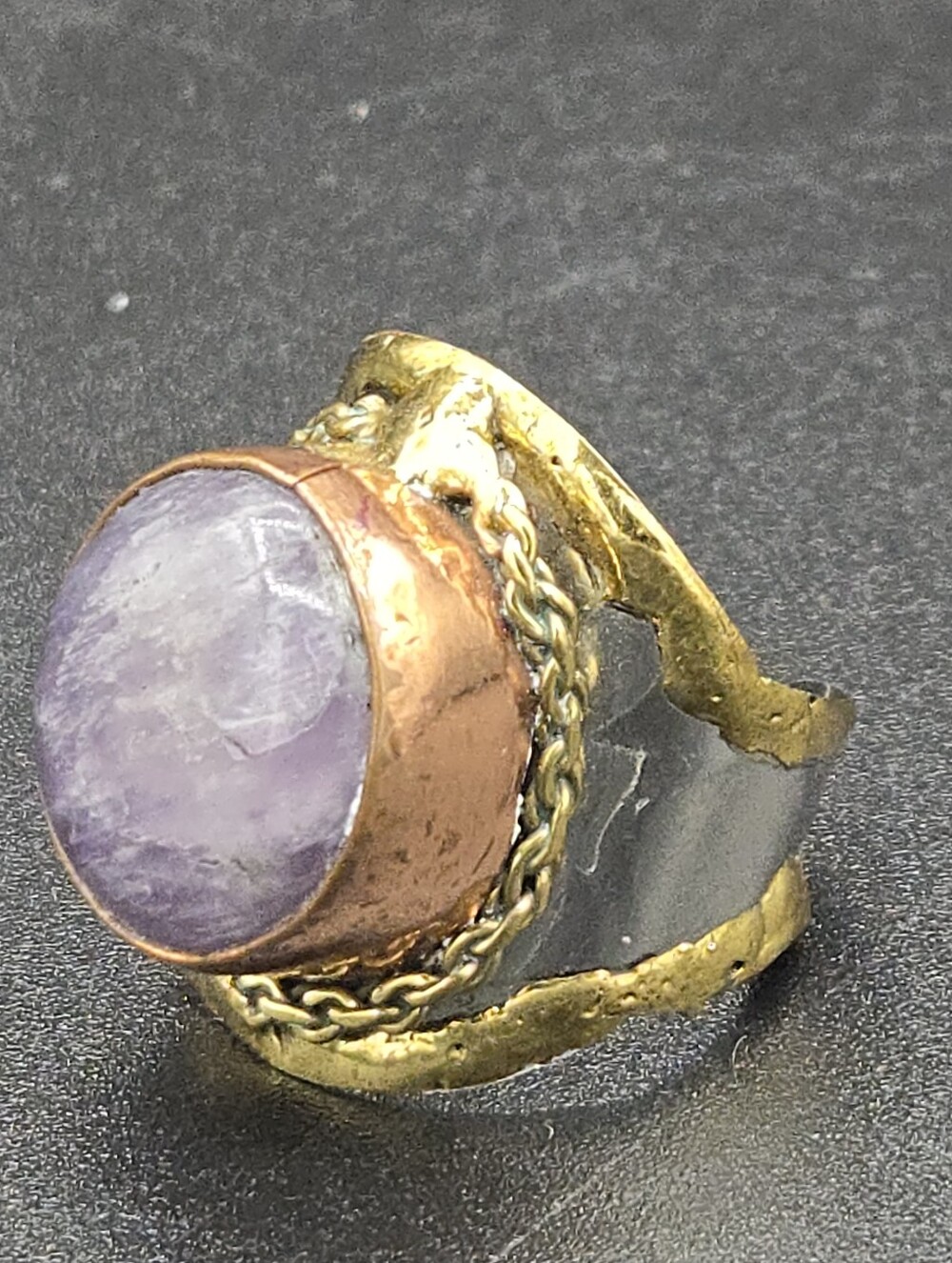 Hand Crafted Amethyst & Silver / Gold Tone Adjustable Ring - Size 7